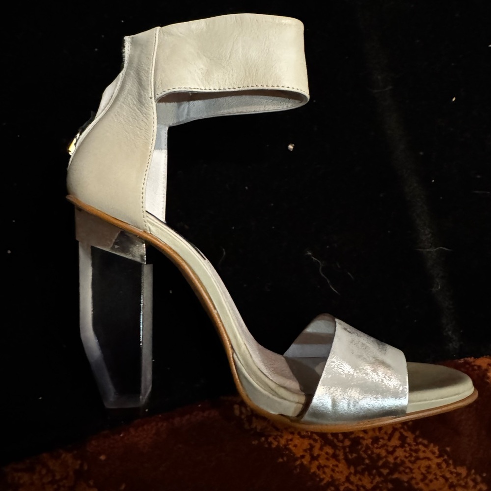 MIISTA White & Silver Leather Clear Block Heel Ankle Strap Sandals